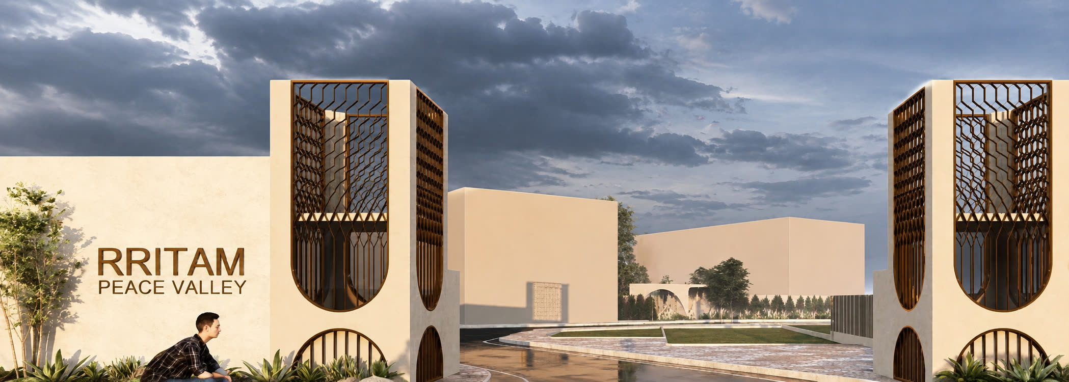 RRITAM Peace Valley entrance gate — architectural render
